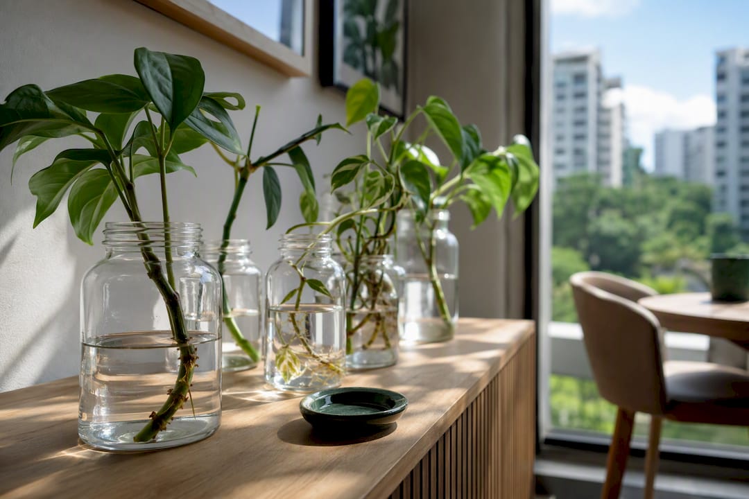 Stem cuttings propagating in glass jars