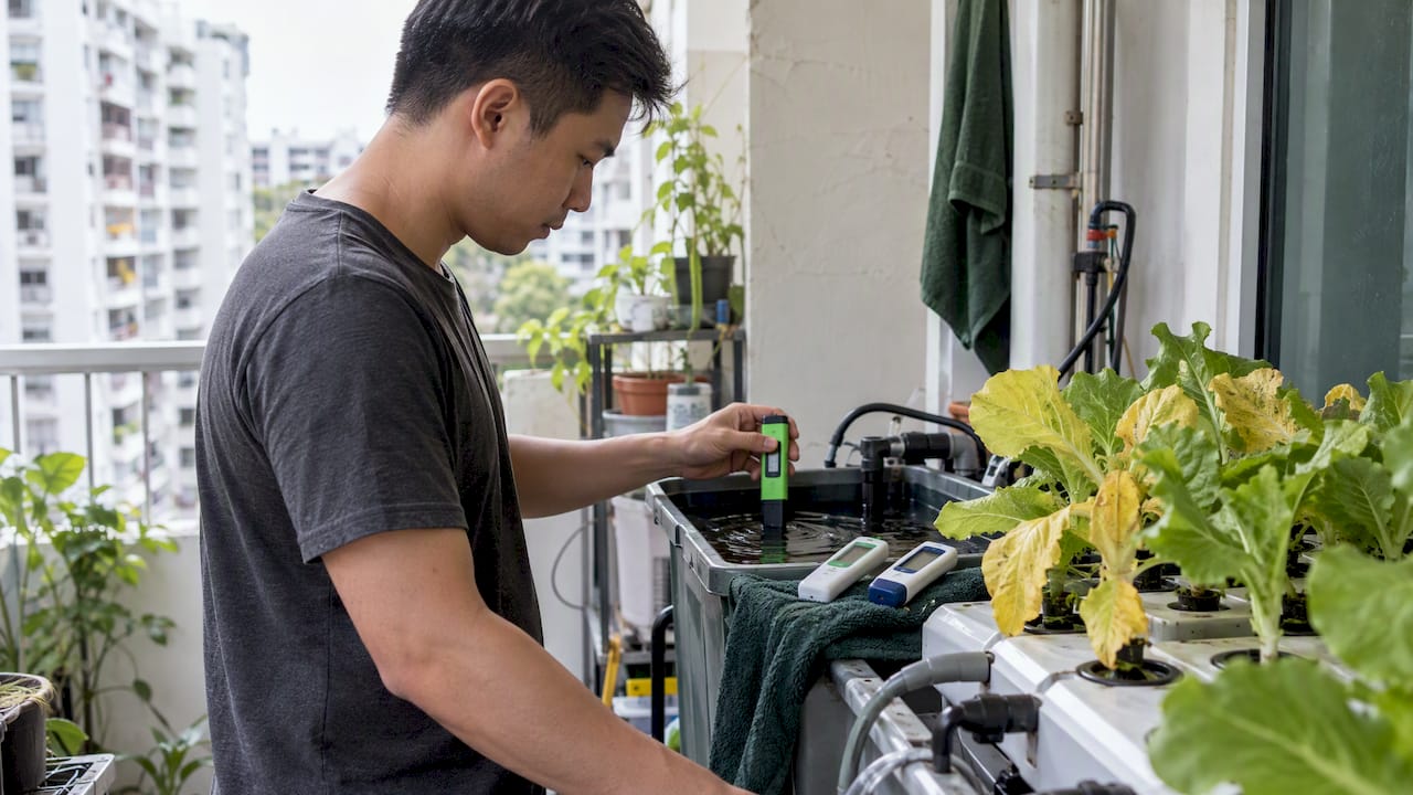 Grower measuring hydroponic reservoir for yellow leaves
