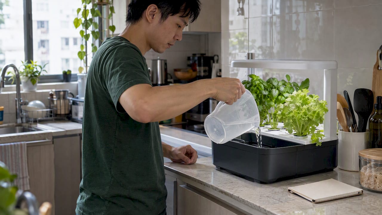 Gardener topping up a hydroponic reservoir