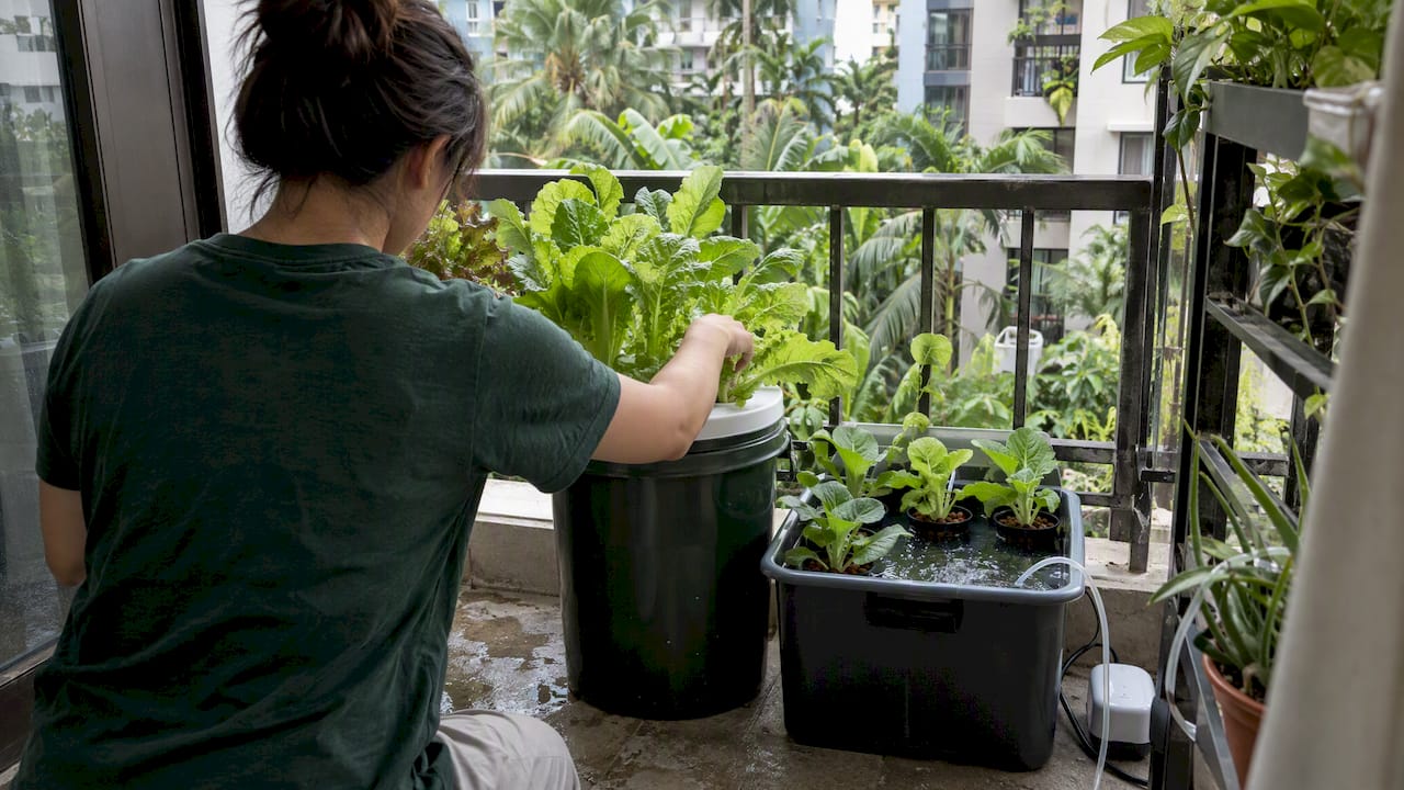 Kratky and DWC systems on balcony