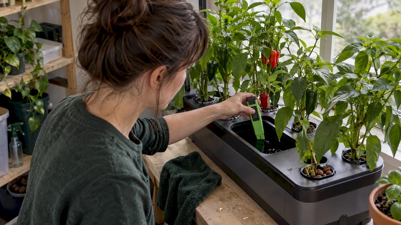 Gardener testing pH beside hydroponic pepper plants