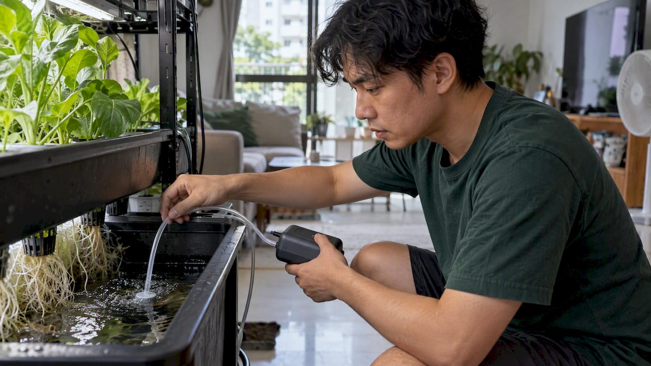 Grower restores hydroponic aeration with battery pump